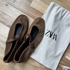 ZARA Brown Suede Mary Jane Ballet Flats with Strap